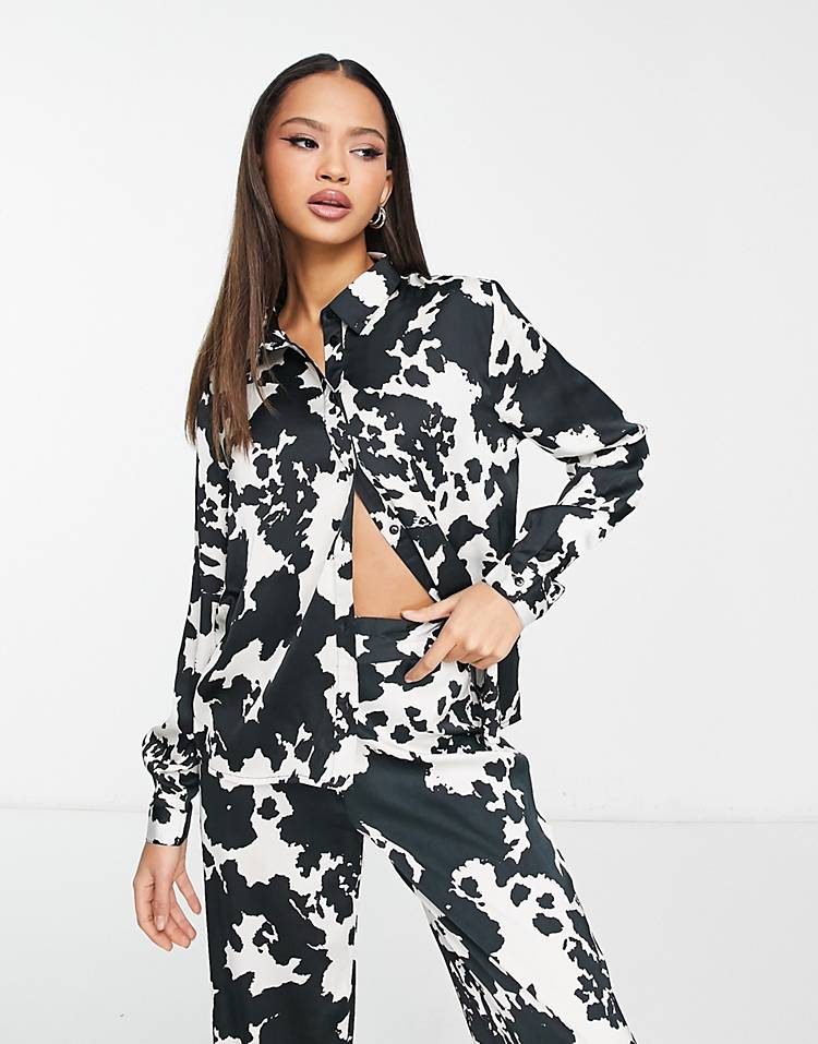 JDY boxy shirt and wide leg pants set in cow print